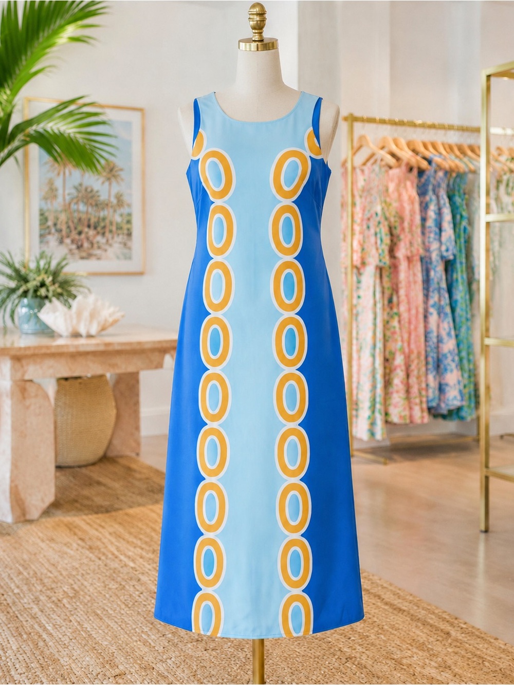 JADE Melody Tam Sleeveless Blue & Light Blue Midi Dress golden lilies NWT